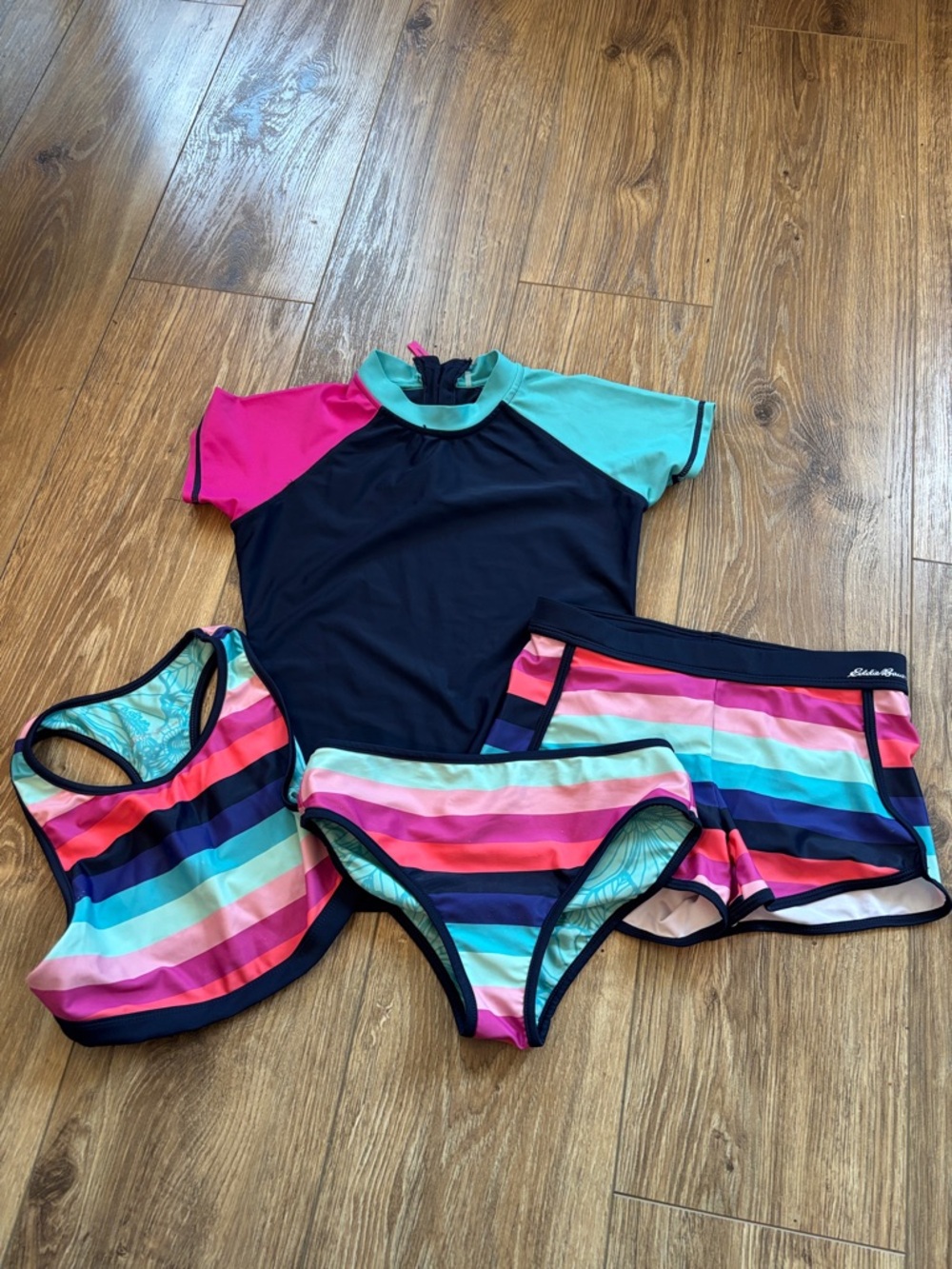 Eddie Bauer Navy Rashguard Swim Set with Pink and Teal Accents size 10-12